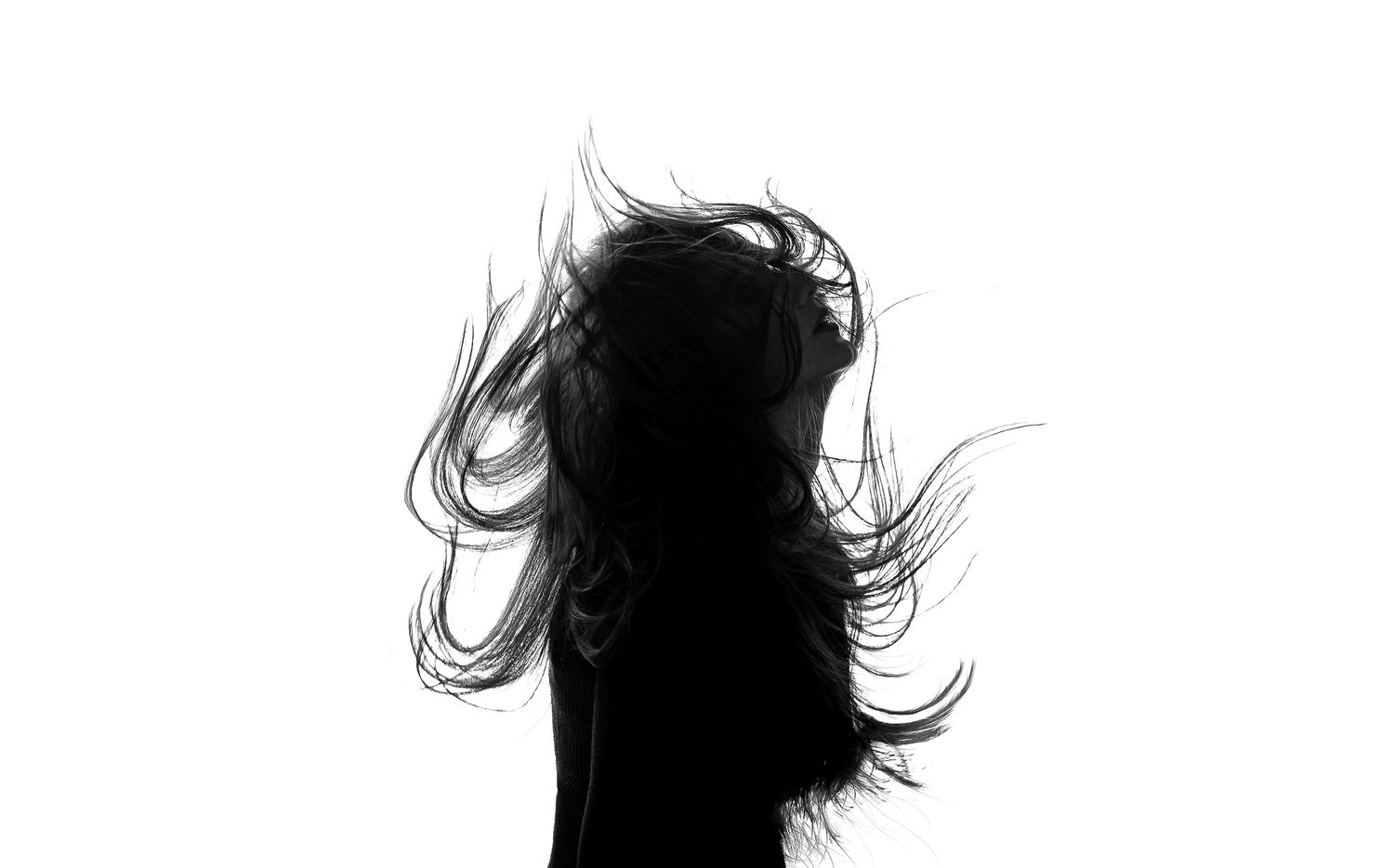 Black and white silhouette of woman with hair blowing in wind against white background.