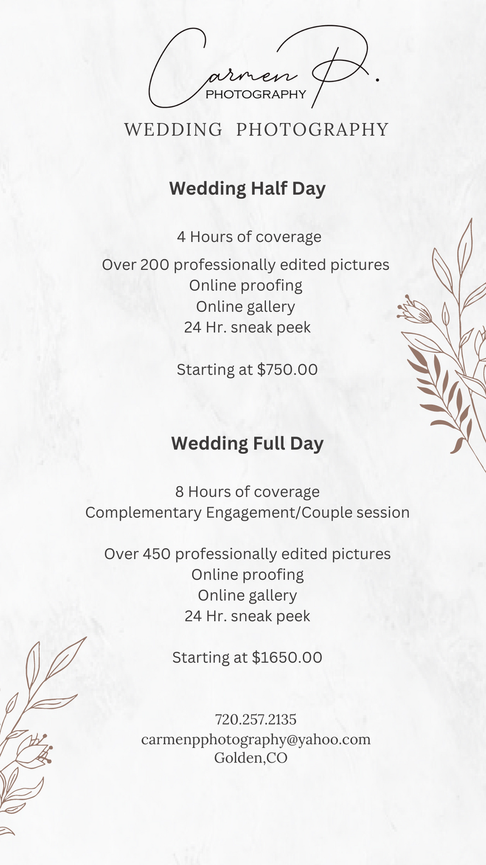 Wedding photography pricing menu with package details and floral design elements.