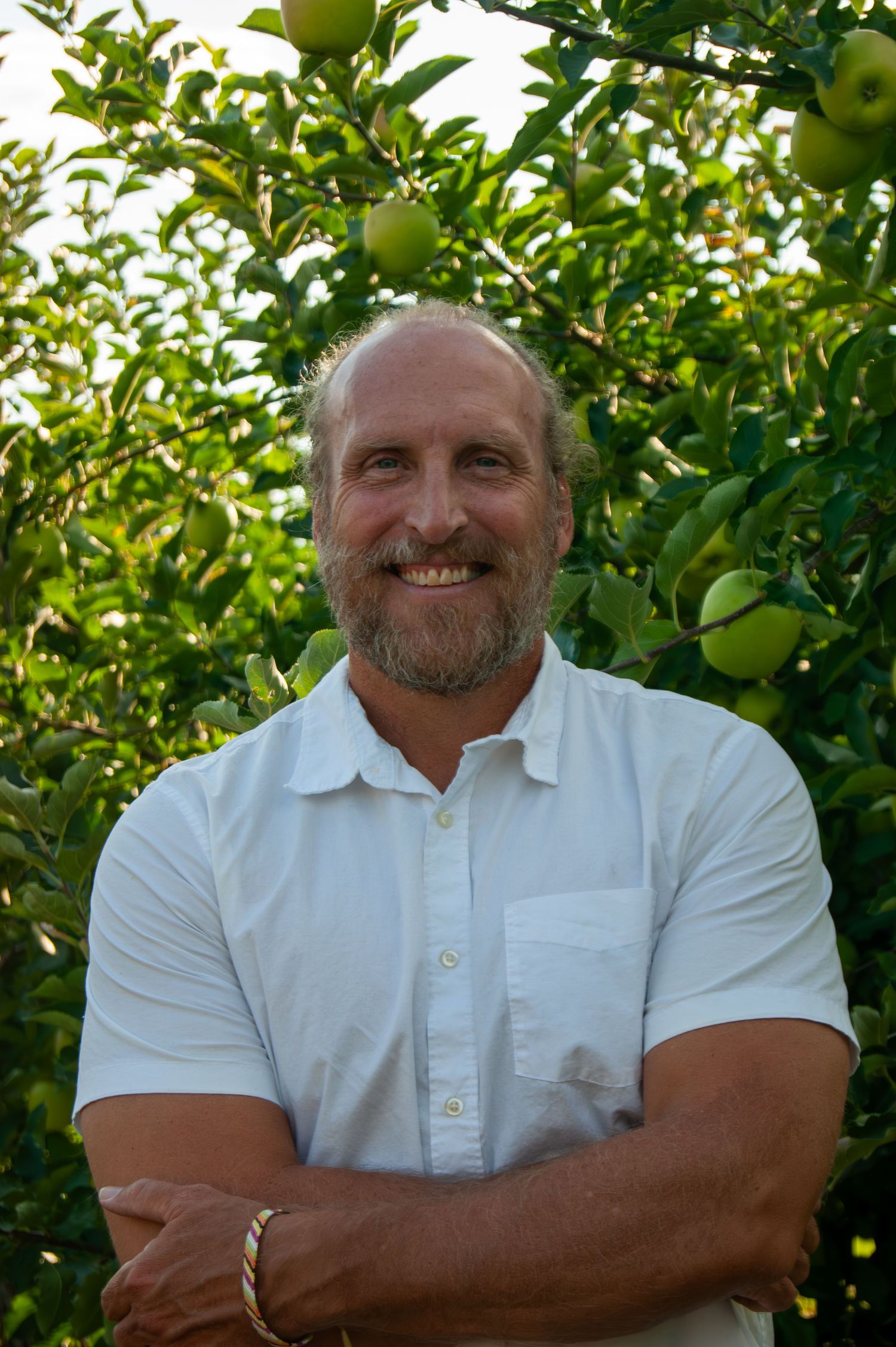 A bearded person in a white polo shirt smiles while standing in an apple orchard.