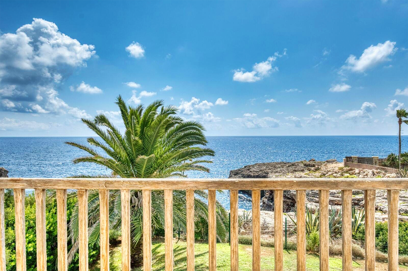 Wooden deck railing with palm tree and ocean view under bright blue sky.