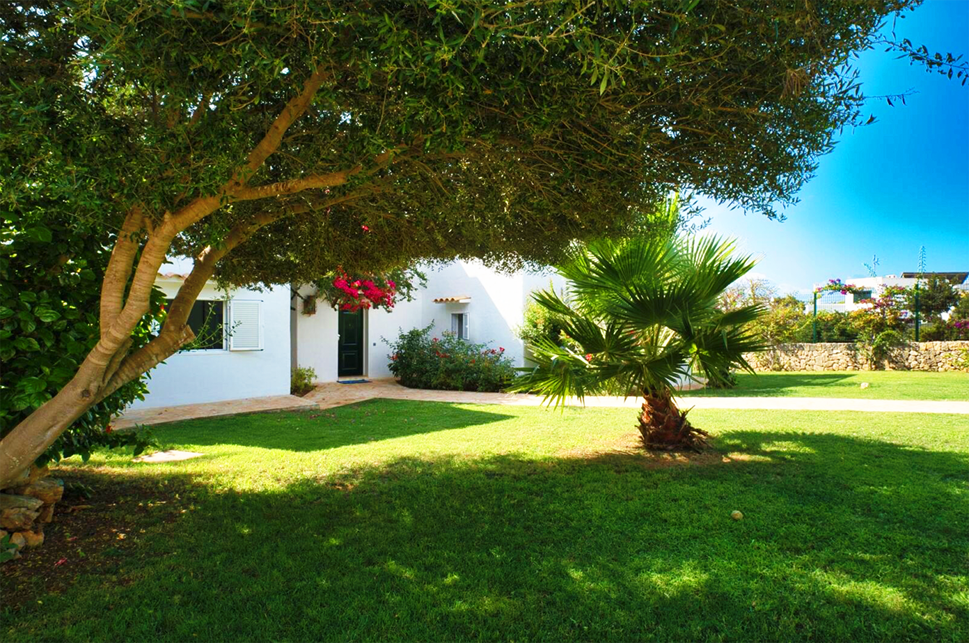 Charming white villa nestled among lush gardens with palm trees and bougainvillea flowers.
