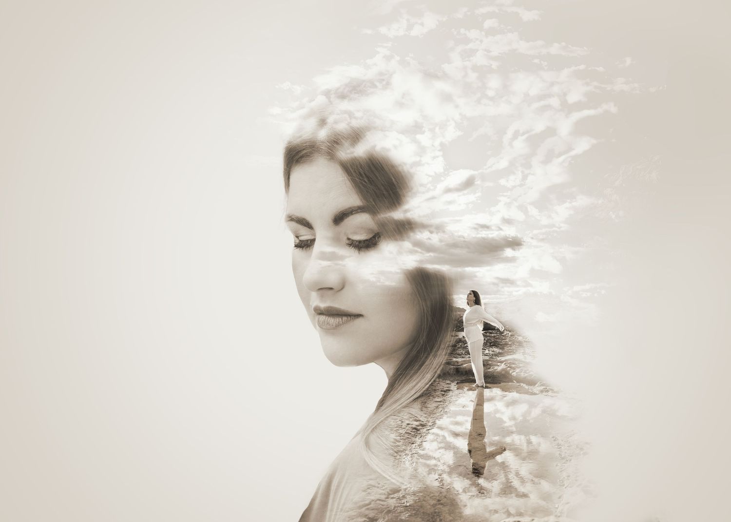 Portrait of a women using double exposure edit with whimsical feel, clouds and reflections photo by Pelka Photography