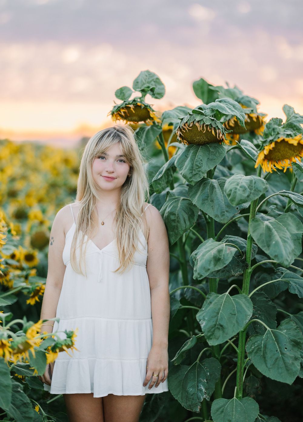 Young blonde woman in white dress standing in a sunflower field at sunset.