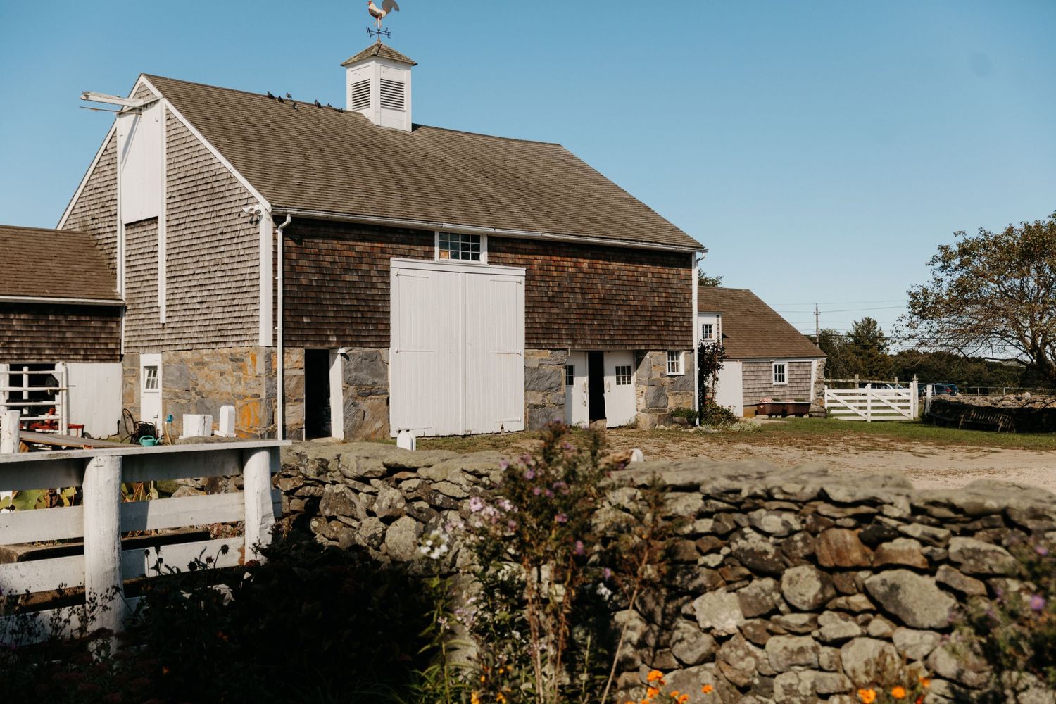 Rustic barn building with white trim and stone wall in countryside setting.