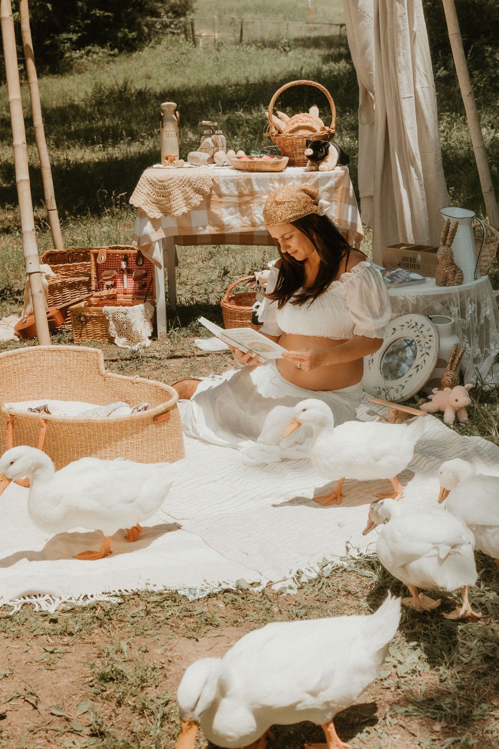 A dreamy outdoor picnic scene with a rustic table setting, flowing white fabric, and white geese wandering in the foreground.