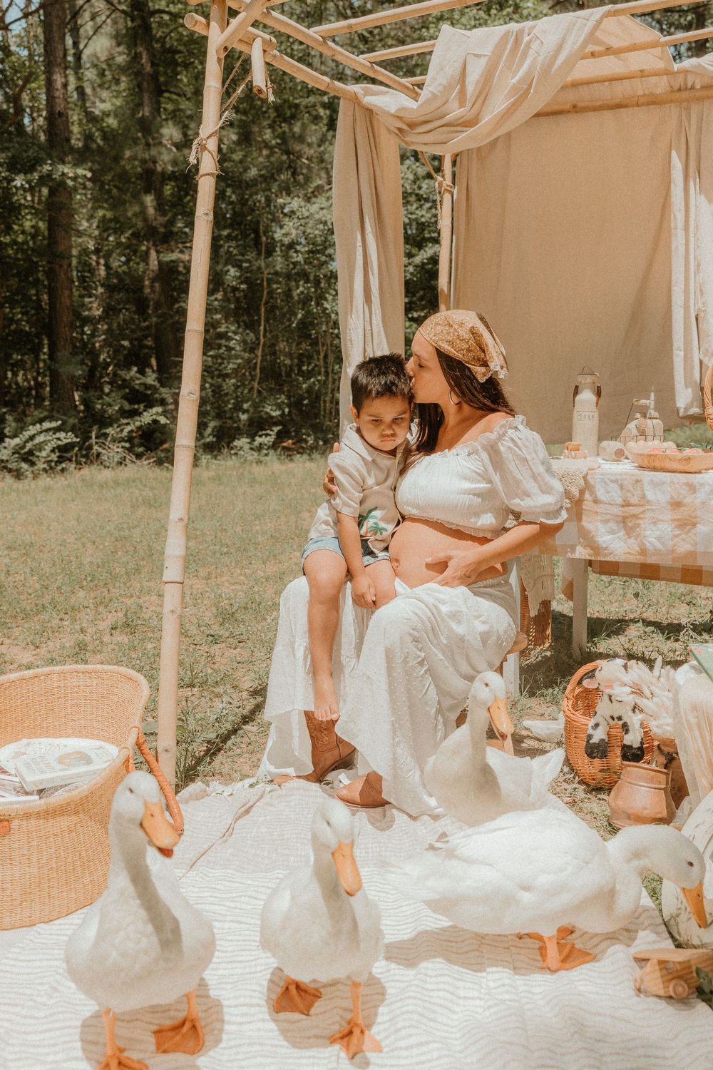 A rustic outdoor picnic scene with a white canopy, picnic blanket, and decorative geese on a sunny day in the woods.
