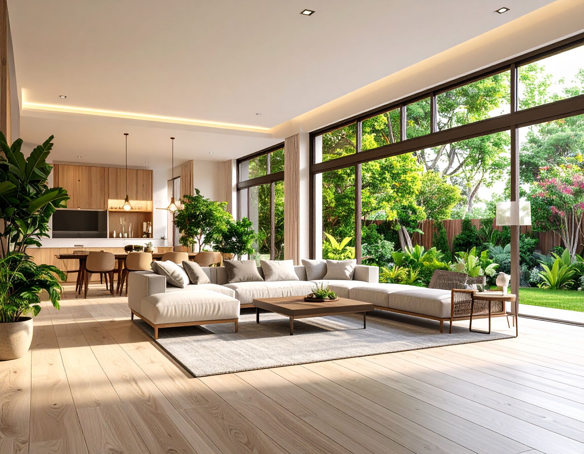 Modern open concept living room with floor-to-ceiling windows, white sectional sofa, and lush garden views.