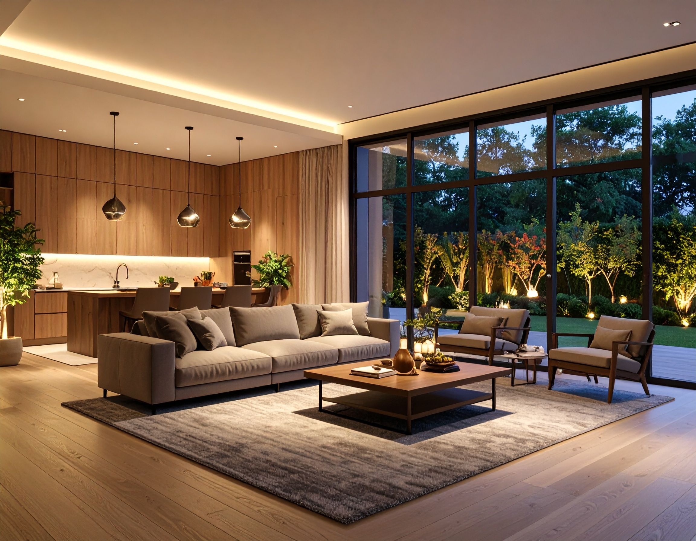 Modern luxury living room with floating sofa, ambient lighting and floor-to-ceiling windows overlooking lush garden at dusk.