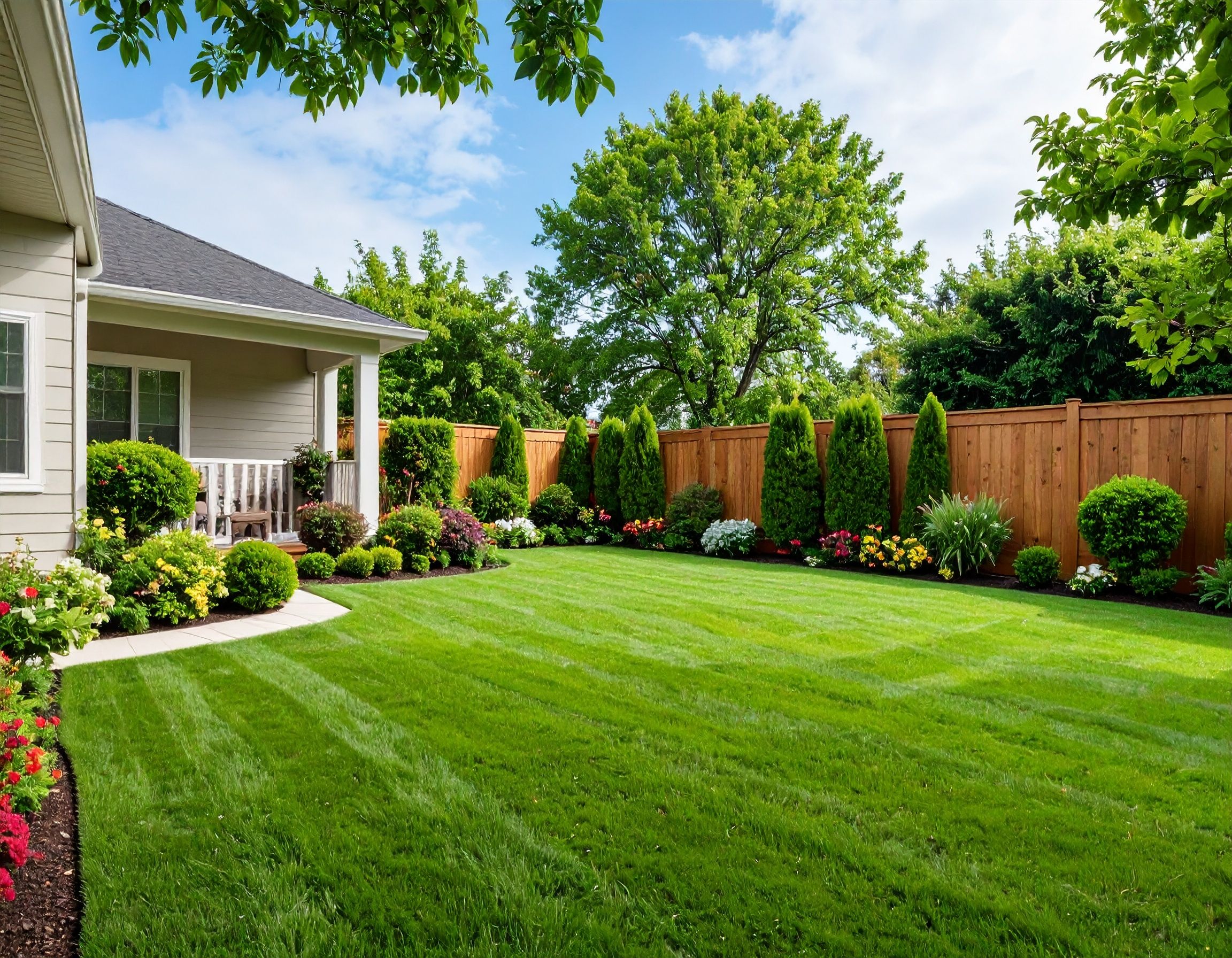 A well-maintained backyard lawn with green grass slopes gently upward towards a wooden privacy fence.