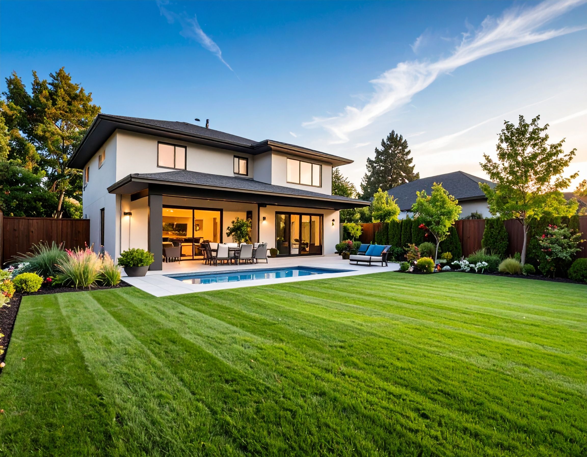 Modern two-story luxury home with swimming pool and manicured lawn backyard at sunset under blue sky.