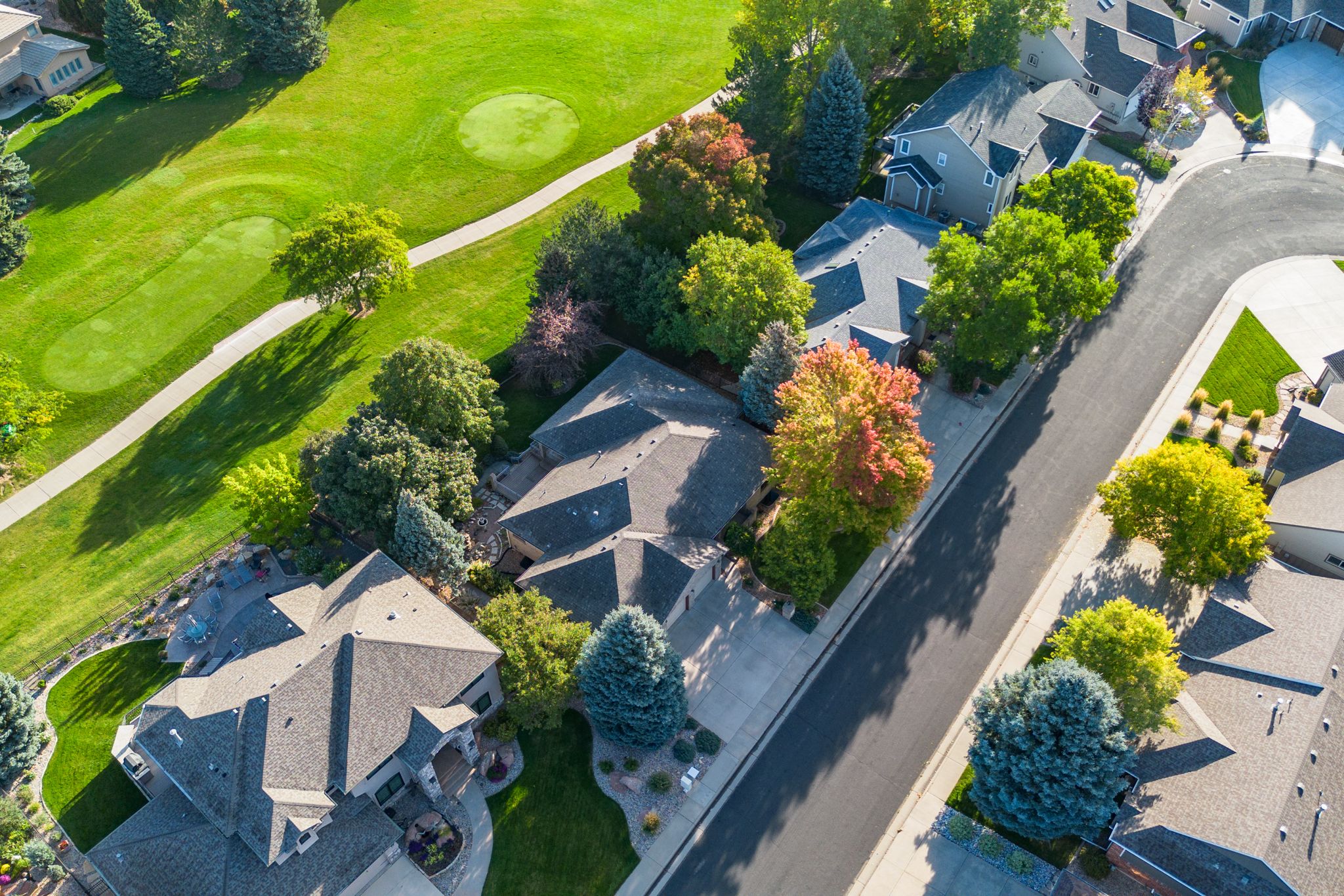 Aerial view of suburban homes with green lawns and driveways along a curved residential street.