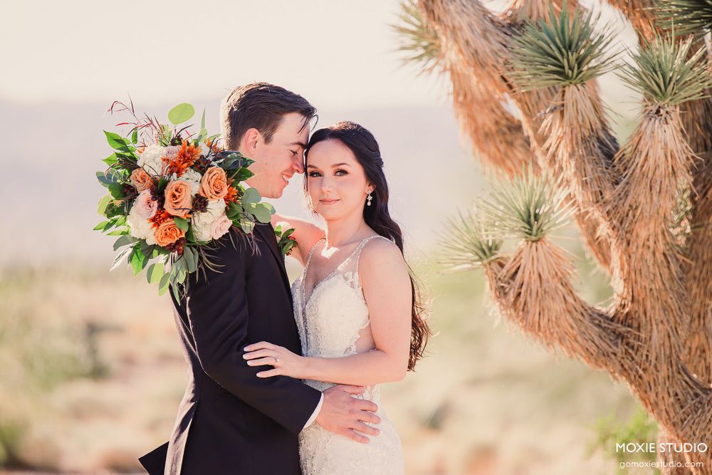 A romantic desert wedding photoshoot with Joshua trees and soft lighting at sunset.