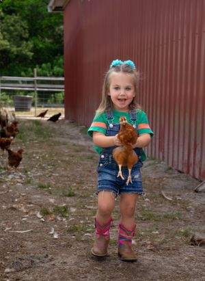 Child holding a stuffed animal near a red barn with chickens in the background.