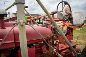 Series of vintage carnival rides and equipment at a rural fairground.