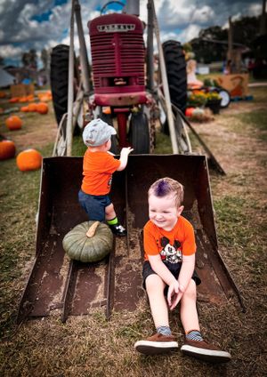 Playing on an old metal tractor slide at a pumpkin patch.