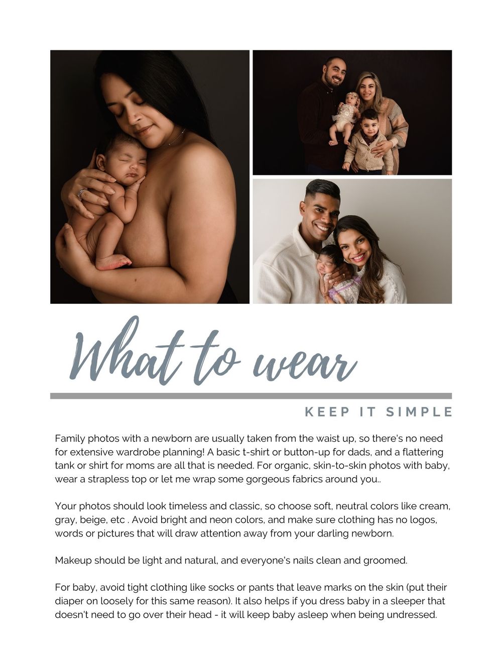 Style guide for newborn photography sessions showing clothing and pose examples.