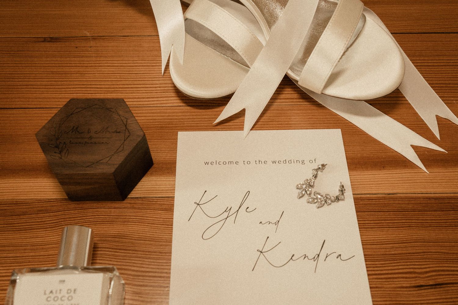 Wedding invitation and white sandals arranged on wooden surface with decorative hexagonal box.
