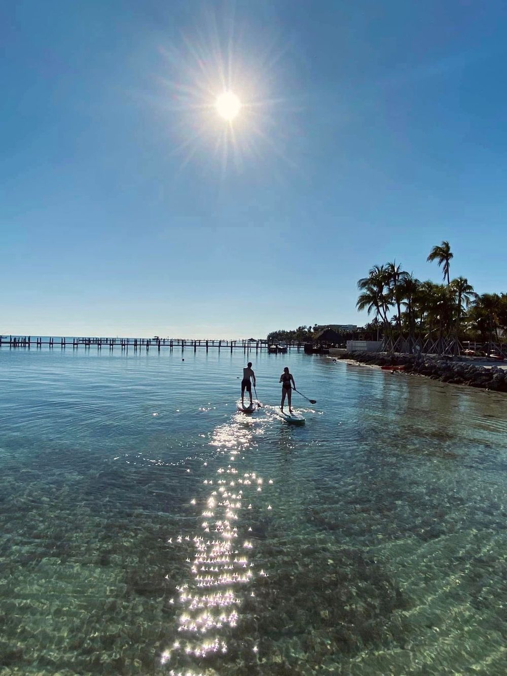 Two paddleboarders glide across crystal clear tropical waters under bright sunlight.