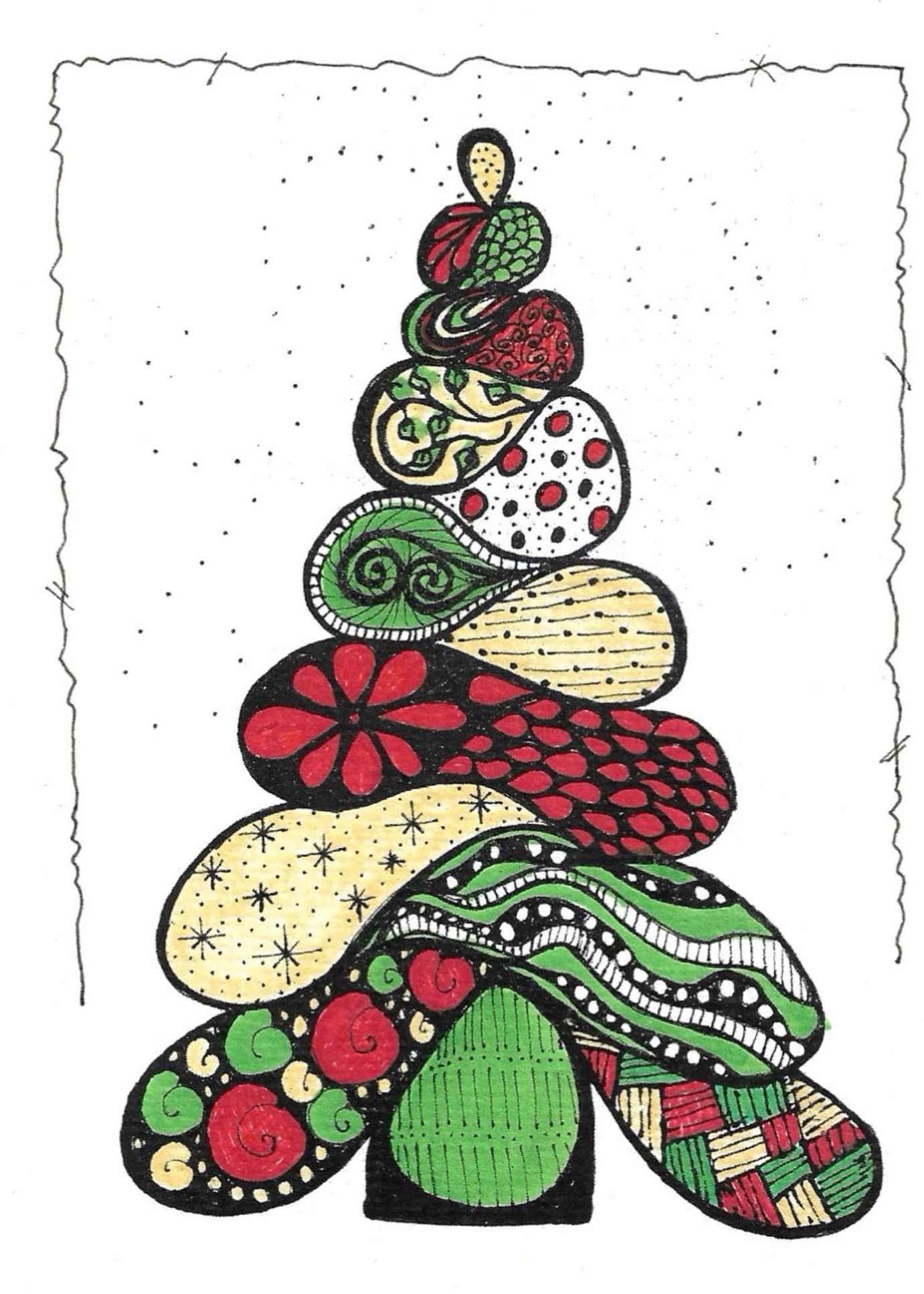 Decorative Christmas tree made of swirling patterns in red and green with zentangle designs.