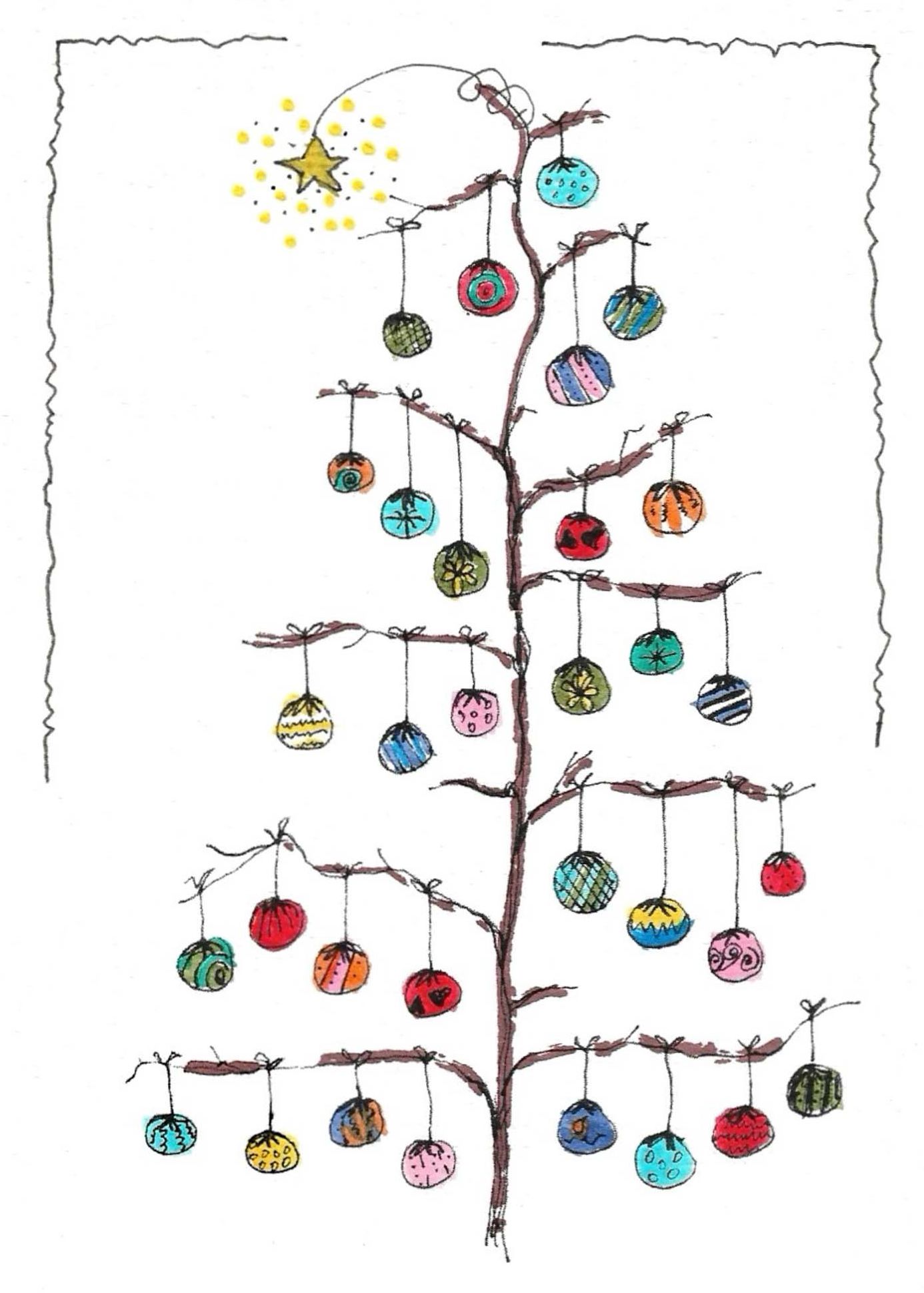 Whimsical sketch of a bare tree decorated with colorful ornaments and a star on top.