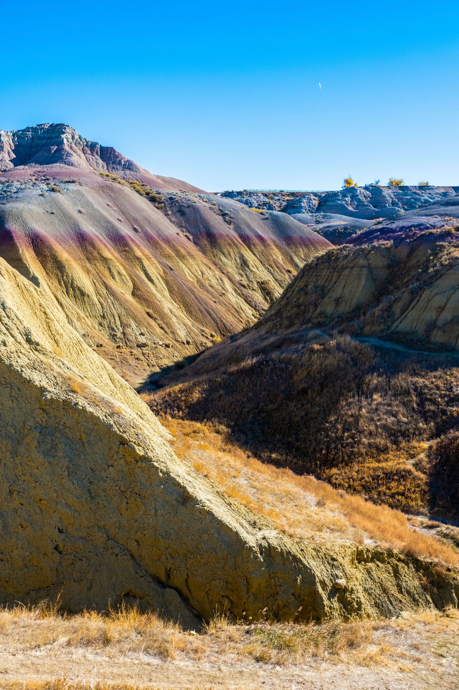Deep canyon with colorful mineral layers and steep cliffs under bright blue sky.