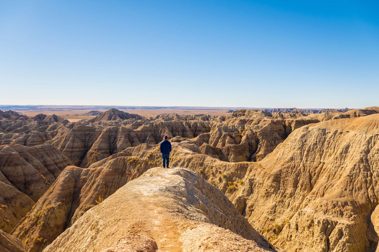 Hiker standing on dramatic overlook of eroded buttes and peaks in Badlands National Park.