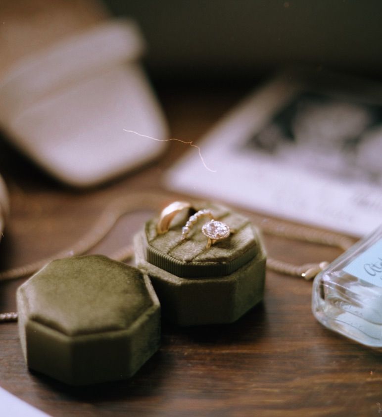 emerald green bride and groom ring shot on vintage 35mm film photography.