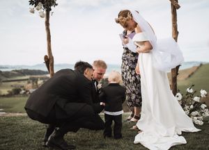 Candid moments from outdoor wedding ceremony with guests and couple under wooden arch.