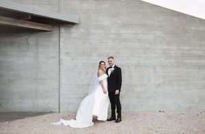 Artistic wedding photography sequence against minimalist concrete backdrop.