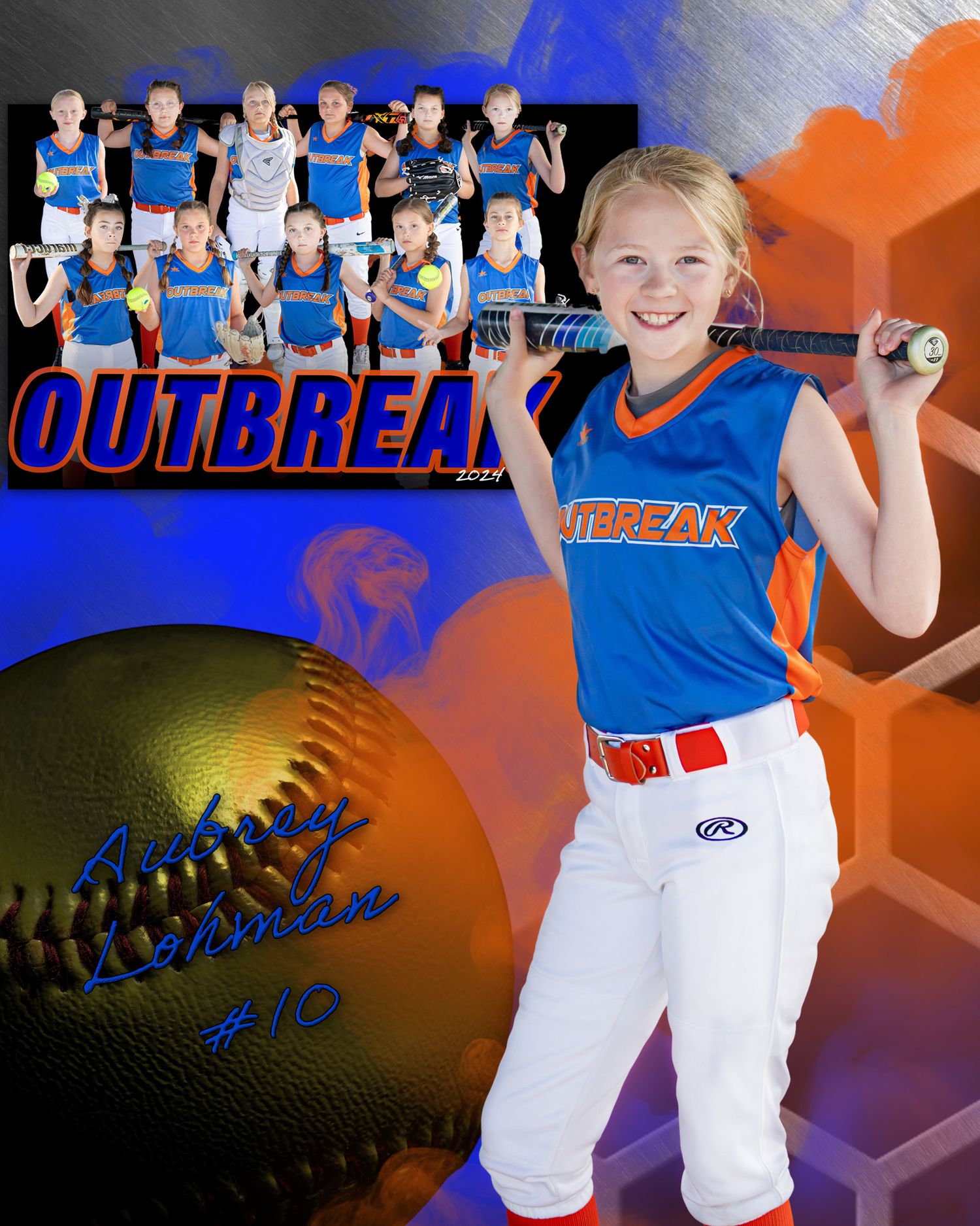 Softball team banner design with players and equipment against orange and blue gradient background.