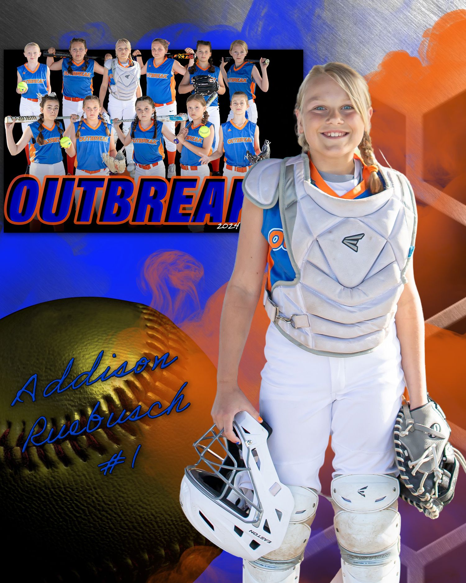 Softball team composite showing players in white uniforms with equipment against stylized background.