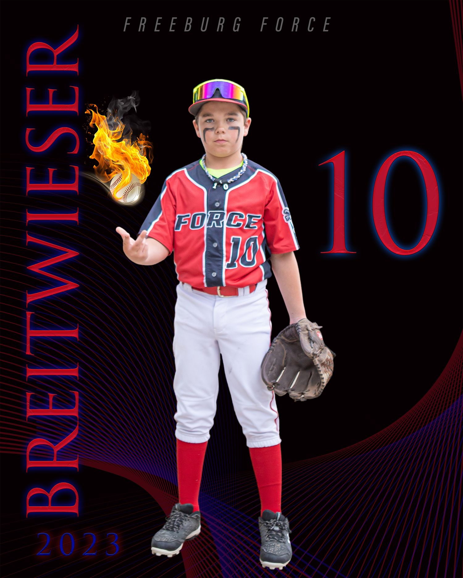 Youth baseball player in red and white uniform poses with glove against dark background.