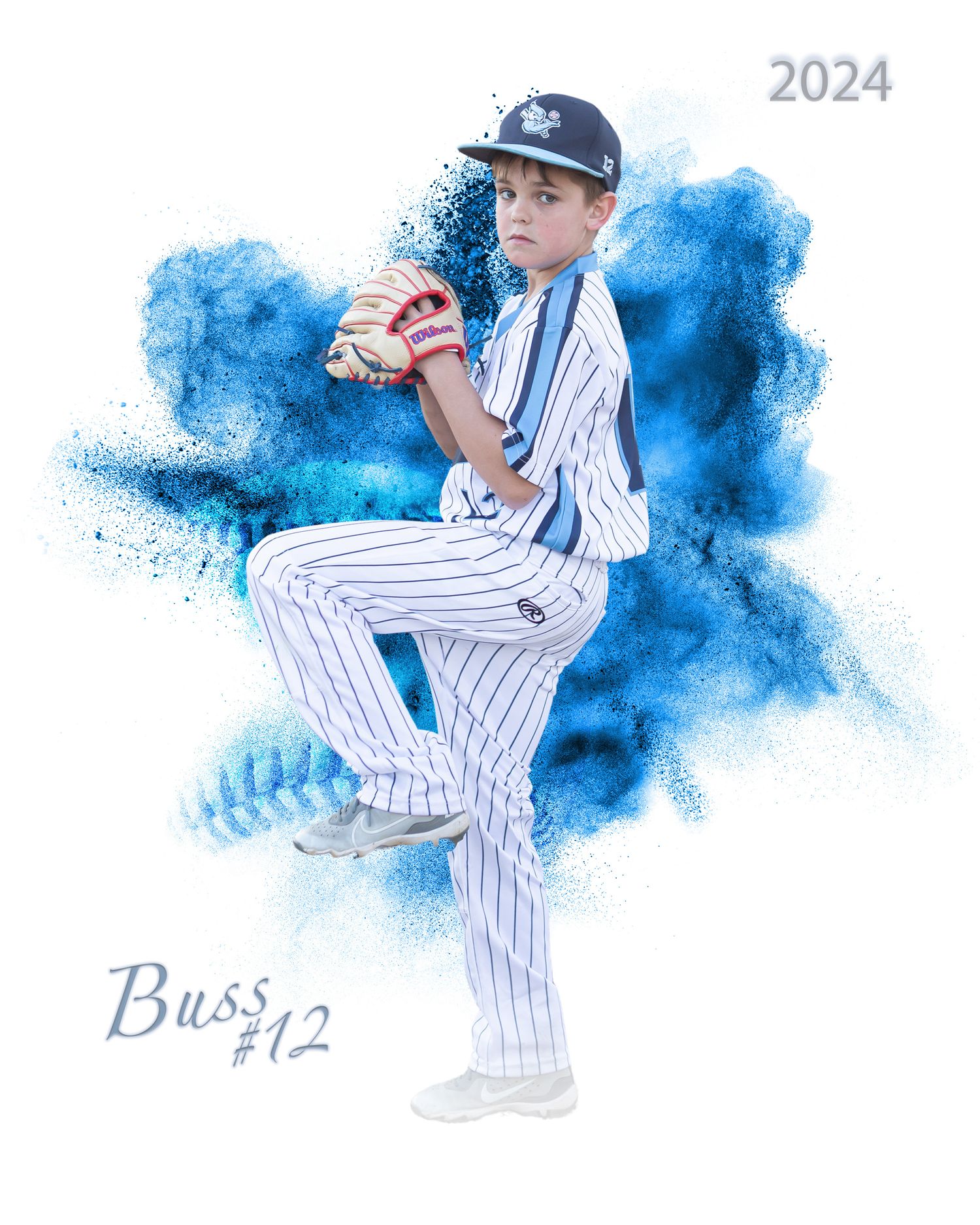 Baseball player in pinstripe uniform poses in multiple action shots with blue smoke effects.