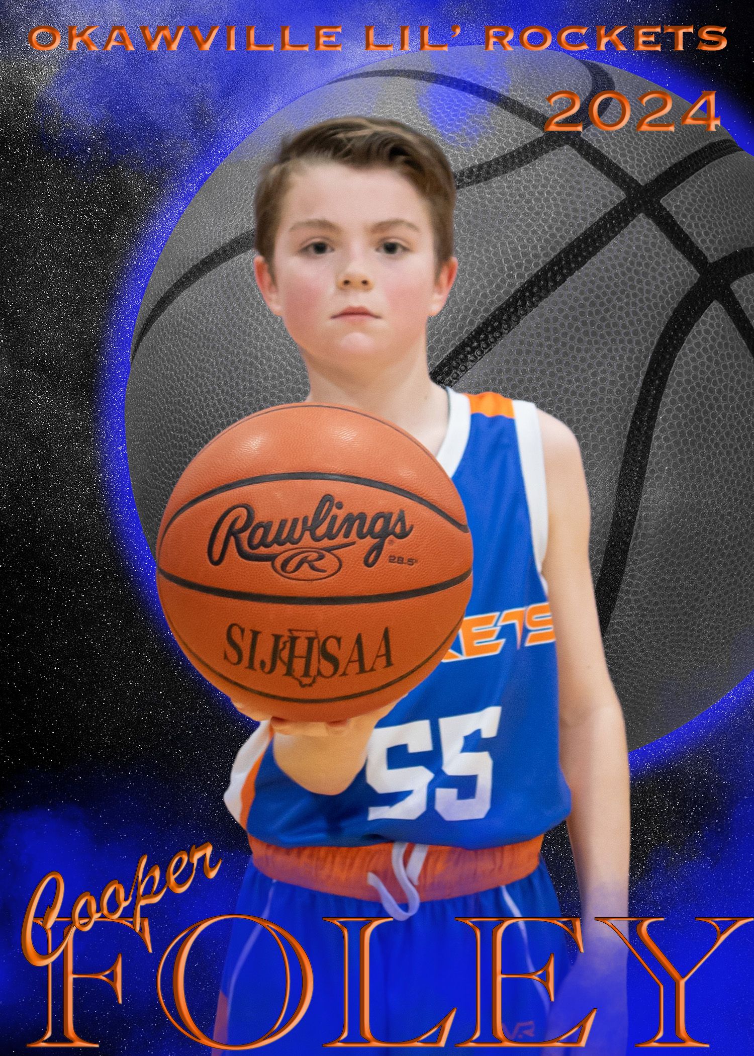Youth basketball player in blue jersey poses with basketball against dark background.