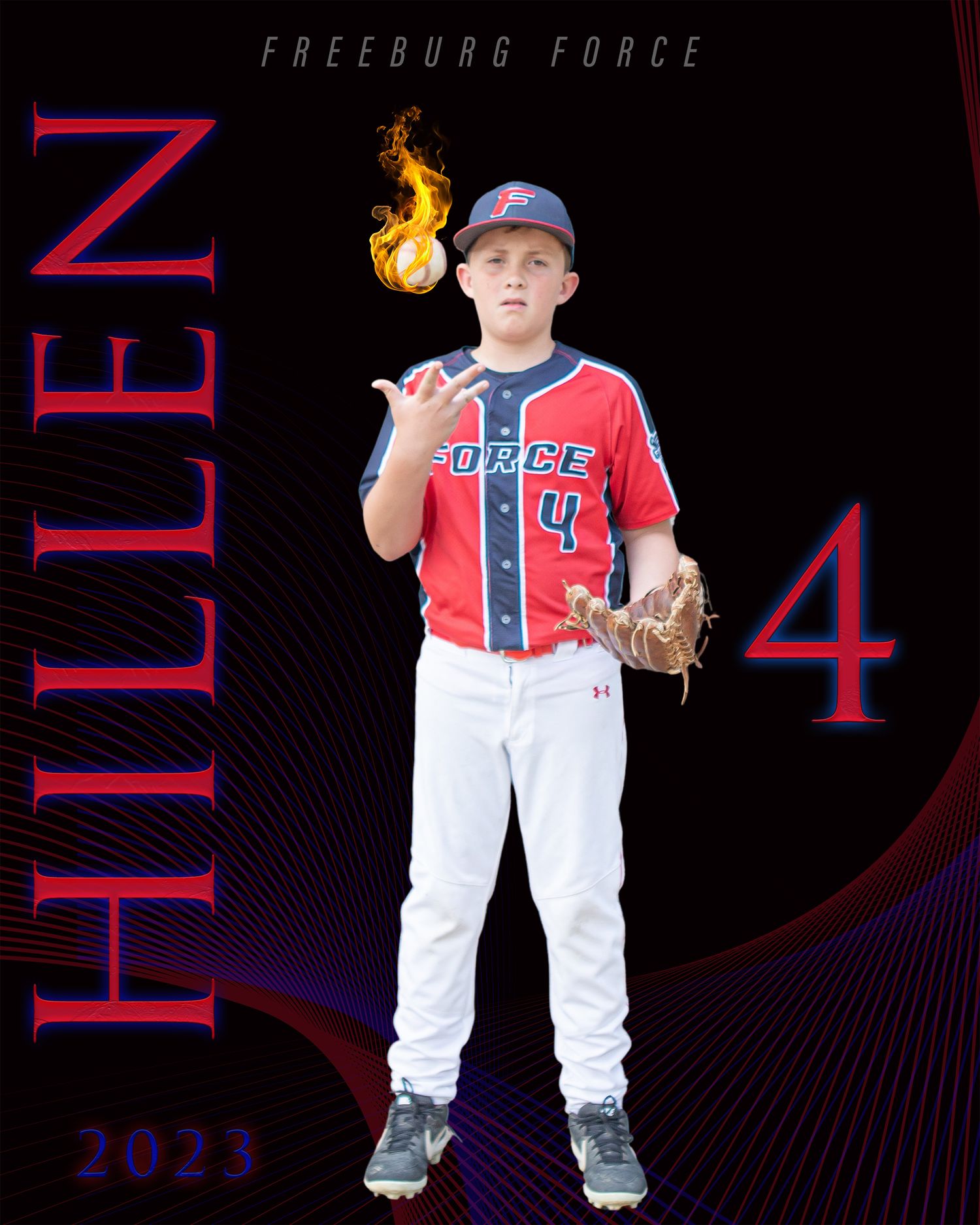 Young baseball player in red and white Force uniform poses with glove.