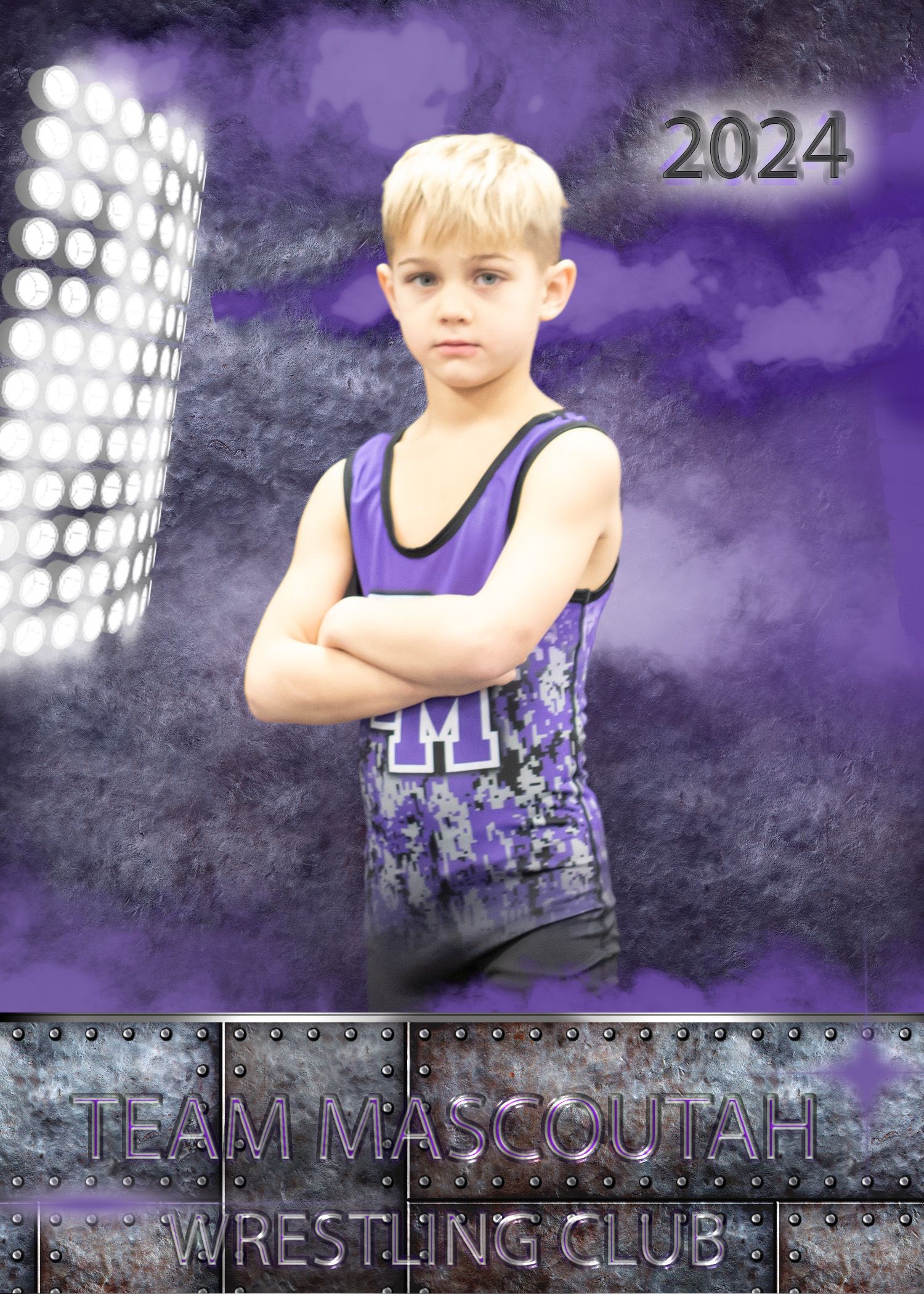 Youth wrestler poses in purple uniform against dramatic spotlight background.