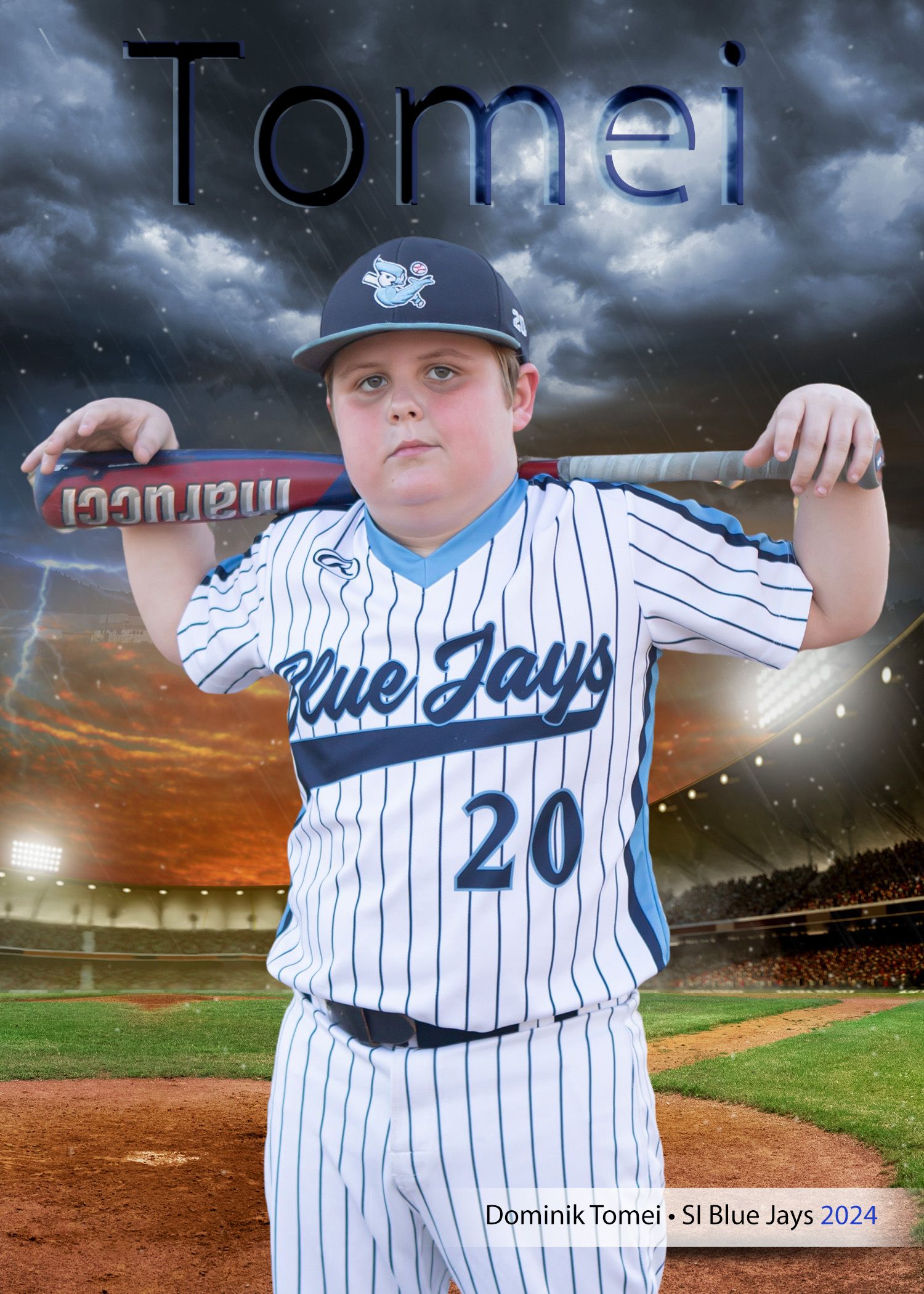 Baseball player in pinstripe uniform poses with bat at sunset.