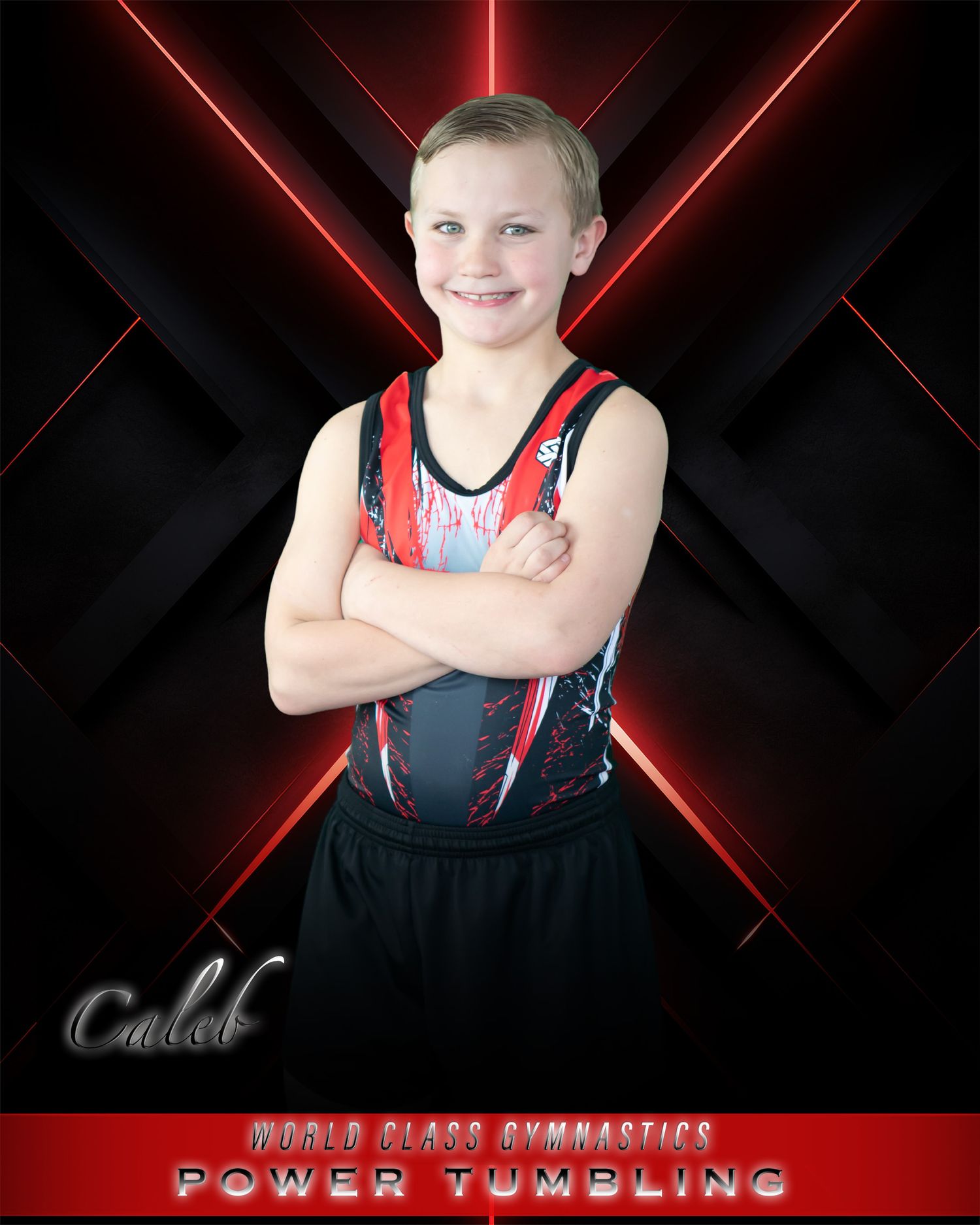 Gymnast in red and black leotard poses against dark background with red lighting effects.