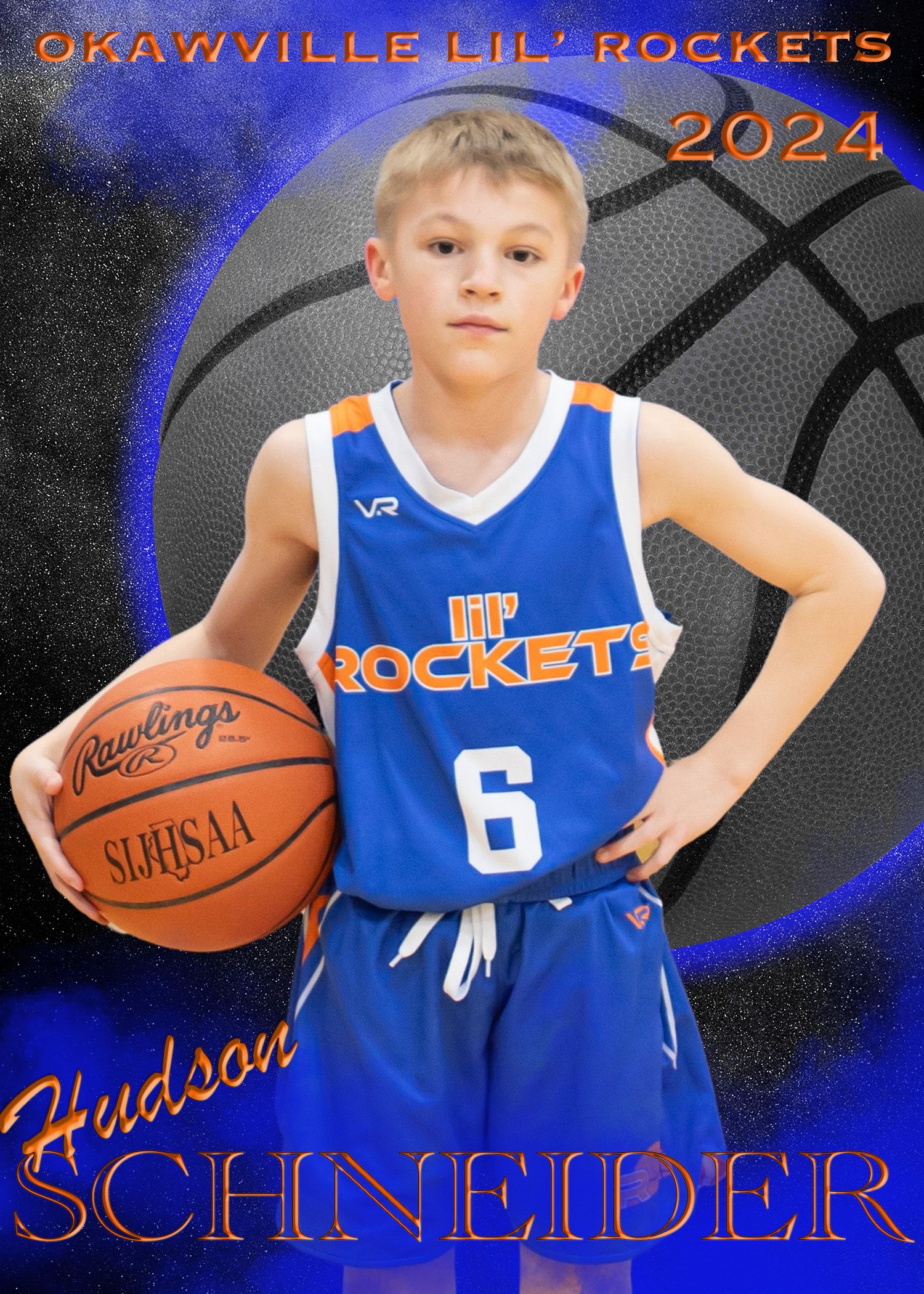 Youth basketball player in blue Rockets jersey poses with basketball.