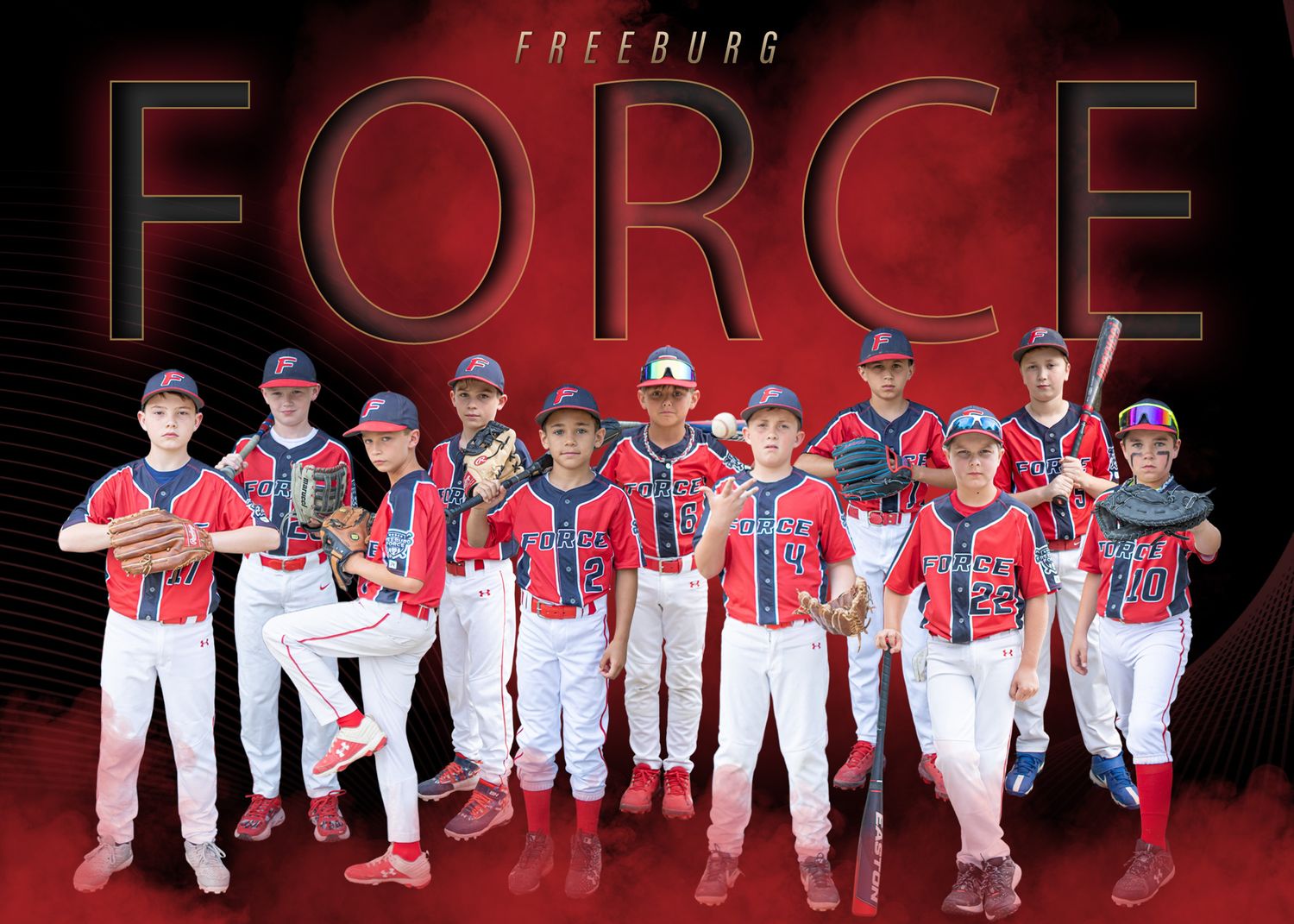 Youth baseball team in red and white uniforms poses together on dark background.