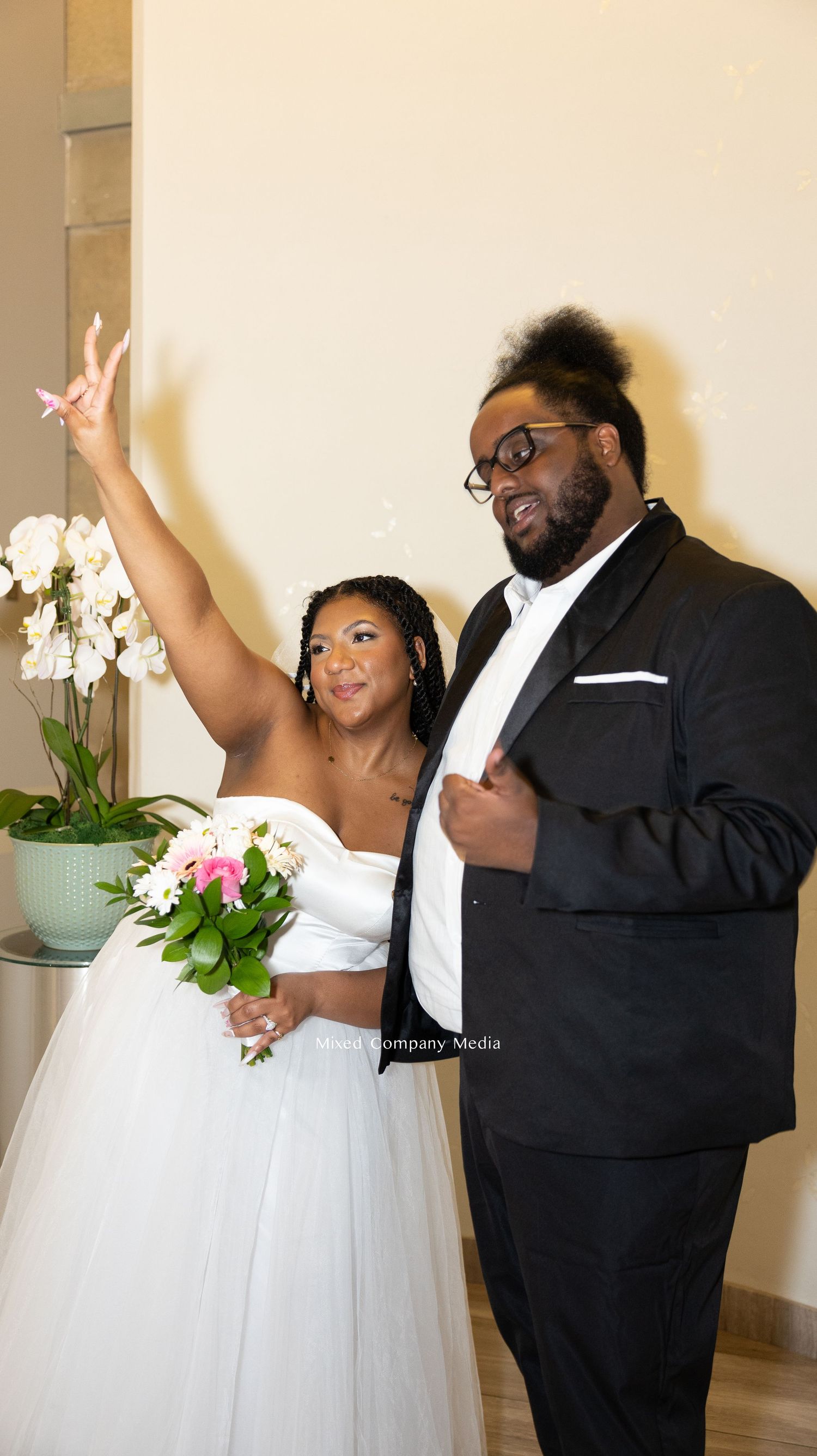 Joyful wedding celebration moments captured in a sequence of candid photos.
