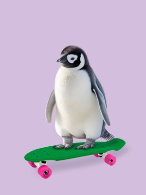 penguin art print, funny penguin wall art, penguin on skateboard, quirky animal art, skateboarding penguin, cute penguin wall decor, whimsic