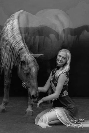 A series of black and white photos showing someone interacting with a horse in an artistic dramatic style.