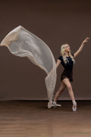 A dancer in black leotard performs with flowing white fabric creating ethereal movement. Sonya Helm Equine Photography, Bristol, TN