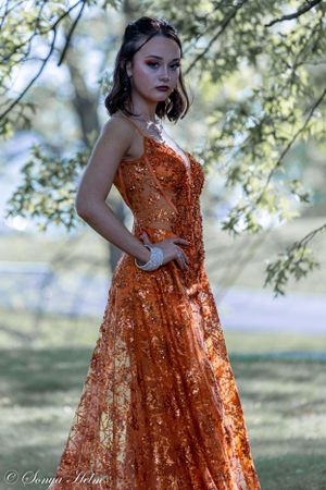 Elegant strapless orange sequin gown sparkles in natural outdoor setting.
