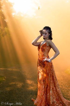 Golden sunbeams create a dramatic atmosphere around a flowing orange sequined gown.
