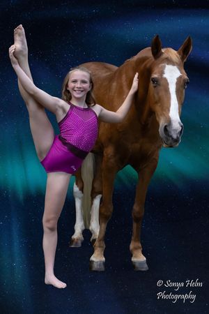 Artistic photo series of a brown and white horse with a dancer in a pink leotard against a starry blue background.