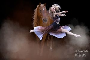 Artistic dance photos with horses featuring dramatic lighting and smoke effects on black background.