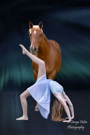 Artistic dance pose with chestnut horse against mystical aurora borealis night sky background.