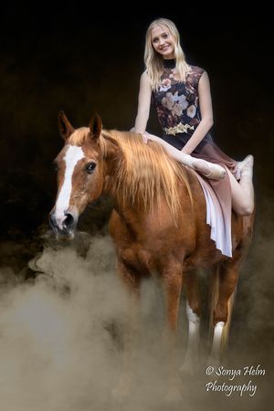 Dramatic photo sequence featuring a chestnut horse and dancer amid theatrical fog on dark background.